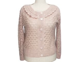 Fobya Blush Pink Pointelle Cardigan L/XL Scalloped Collar Coquette Cottagecore